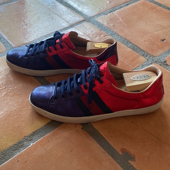 GUCCI "Ace" red blue metallic snakeskin sneakers in a low top style. Size 11. - Picture 4 of 13